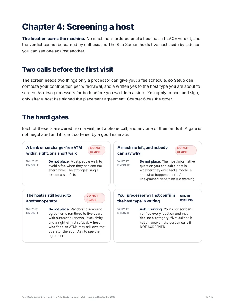 Screening a host: the hard gates that end a site before any estimate is built