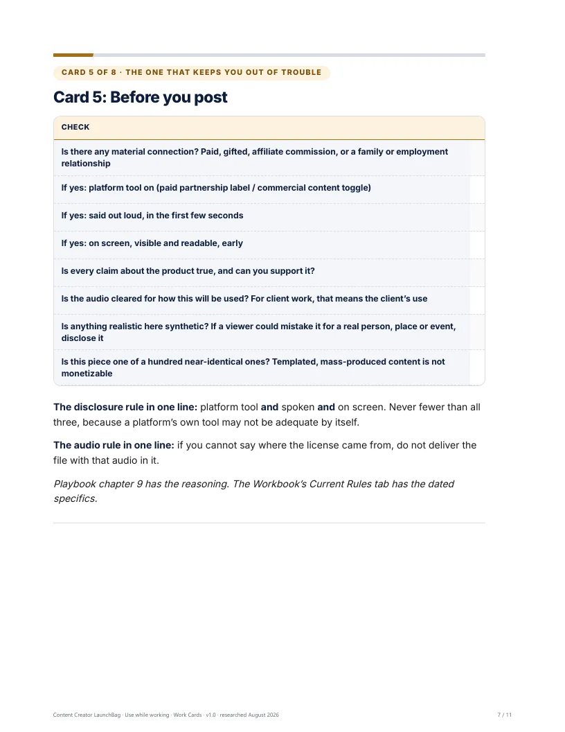 Work Cards: the before-you-post card (disclosure, music, AI and claims)