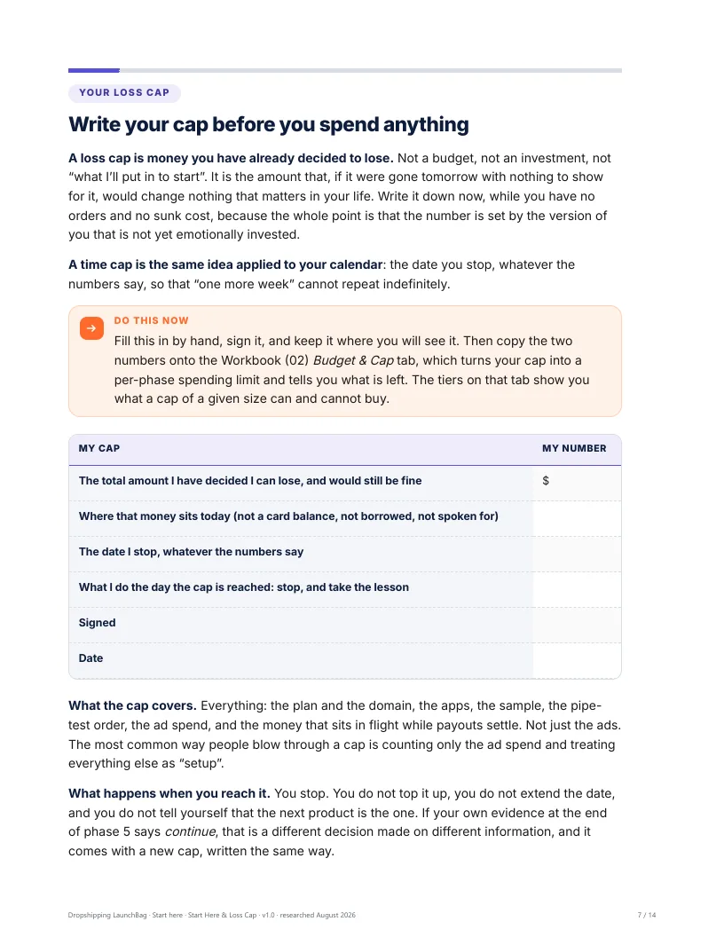 Start Here: the loss cap page you sign before you spend anything