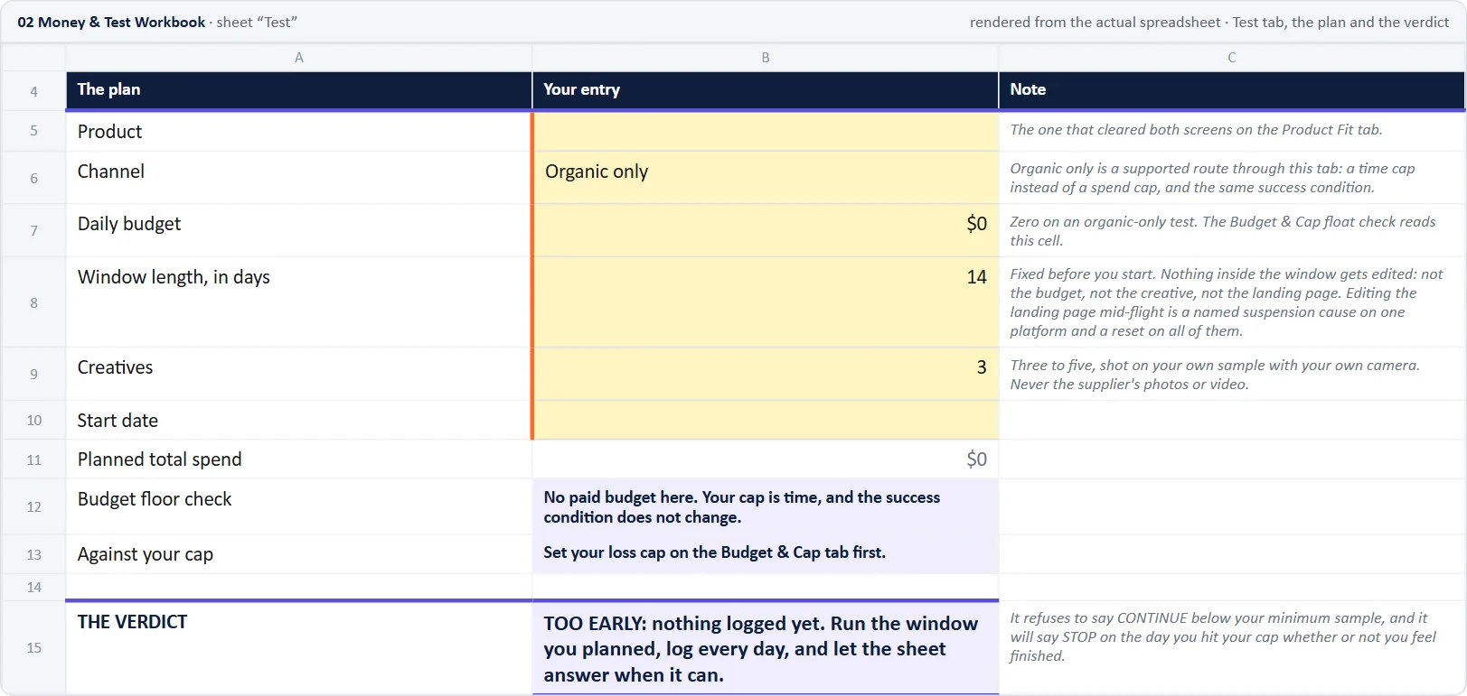 Workbook, Test tab: the plan, the log and the verdict