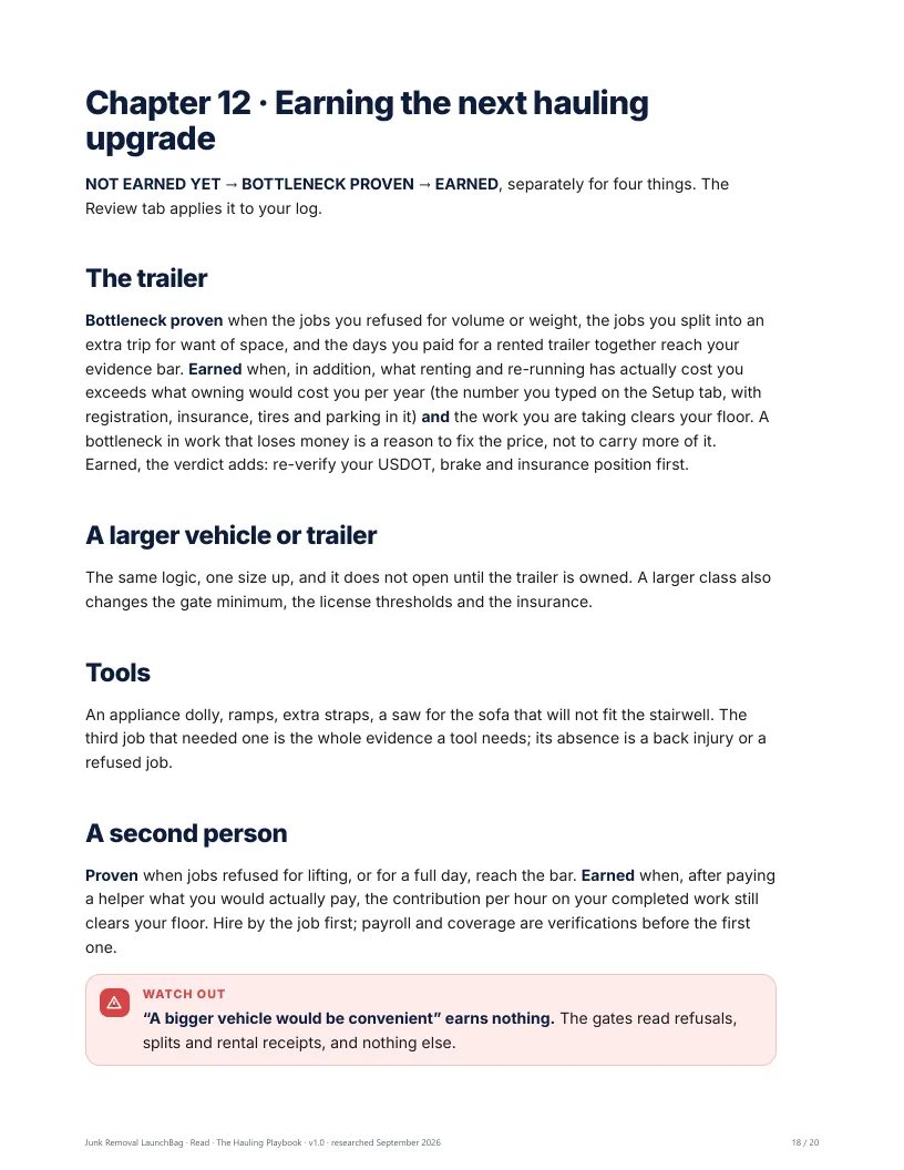 NOT EARNED YET → BOTTLENECK PROVEN → EARNED, separately for a trailer, a larger vehicle, tools and a second person