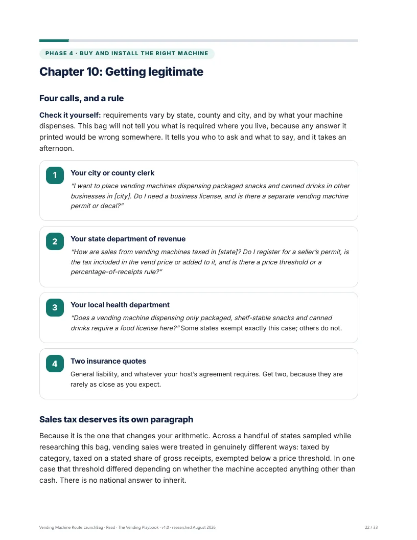 Playbook chapter 10: four calls, and the sales-tax question that changes your arithmetic