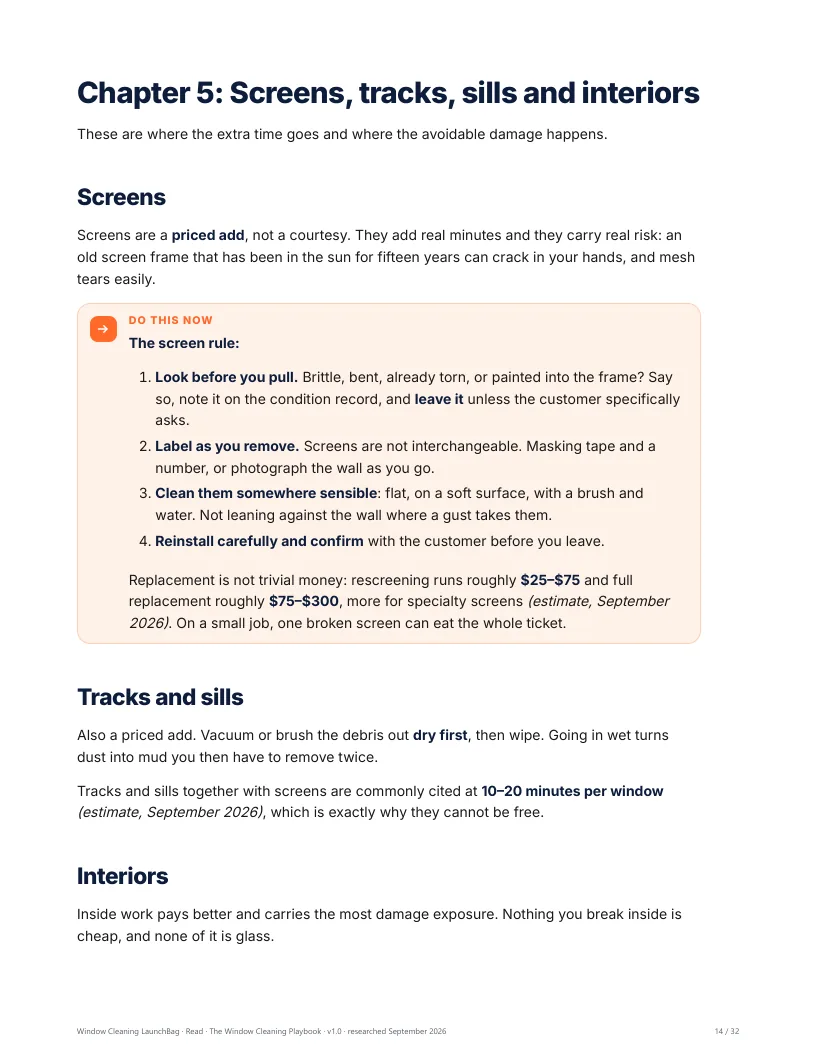 A Playbook page on screens, tracks, sills and interior work